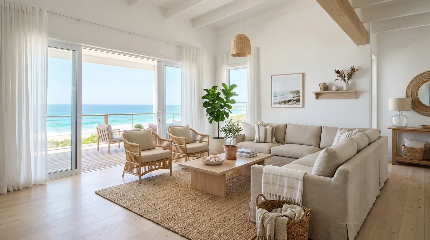 Dreamy coastal living room in layered white, ivory, beige, and sandy neutral tones