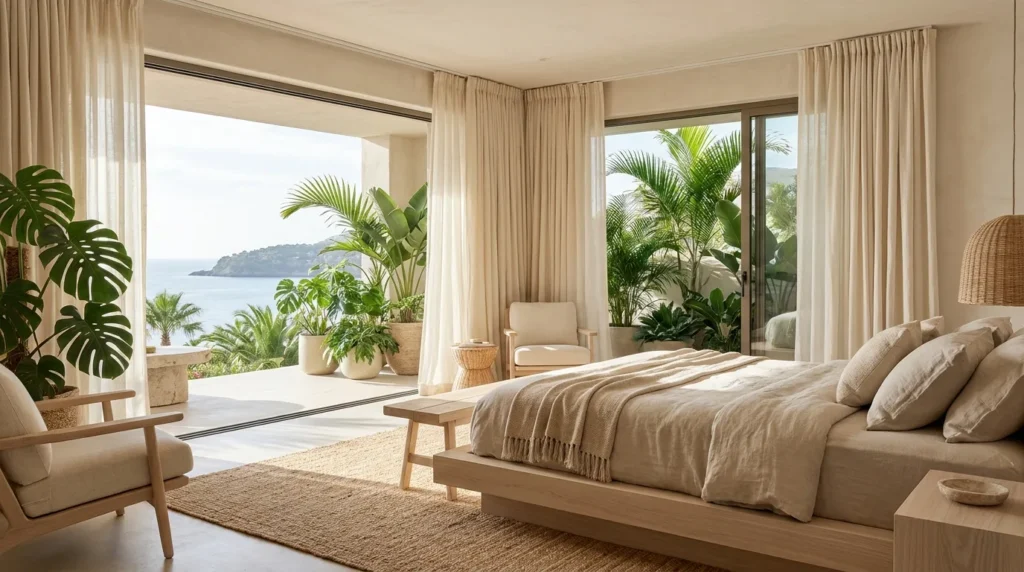 Coastal bedroom layered in warm sandy neutrals with ivory bedding and light wood furniture