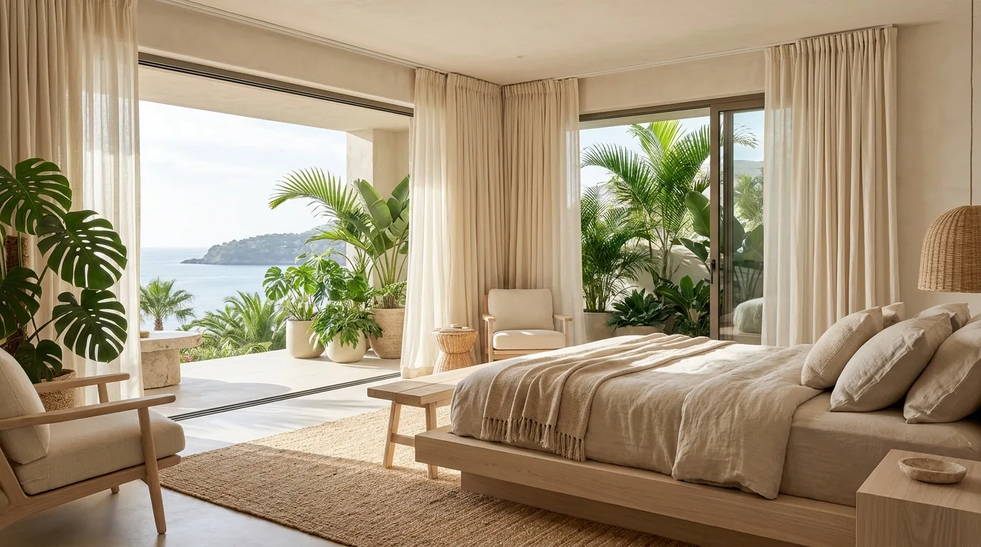 Coastal bedroom layered in warm sandy neutrals with ivory bedding and light wood furniture