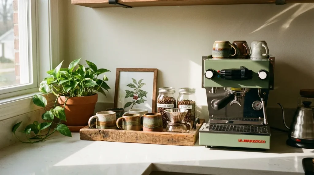 Simple kitchen counter coffee corner with a coffee maker, wooden tray, mugs, and glass coffee jar