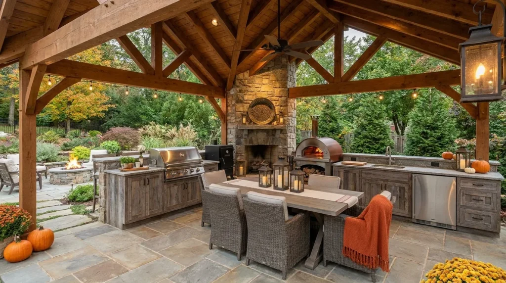 Complete built-in outdoor kitchen with grill, stone counters, storage, and backyard seating