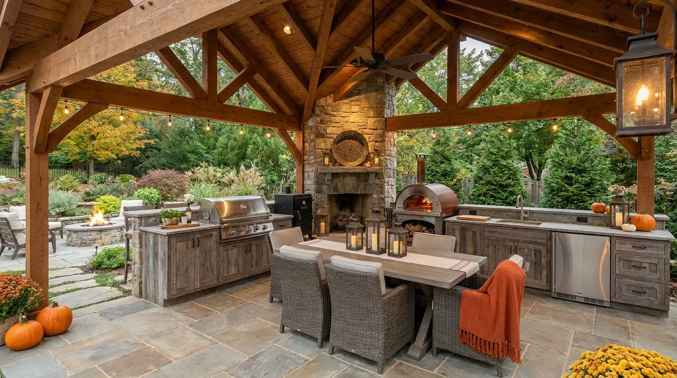 Complete built-in outdoor kitchen with grill, stone counters, storage, and backyard seating
