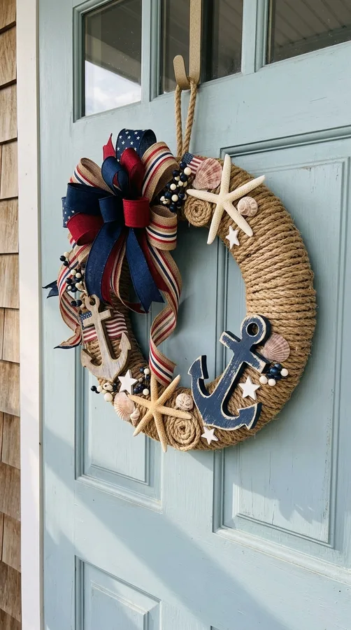 Classic red, white, and blue ribbon wreath on a summer front door