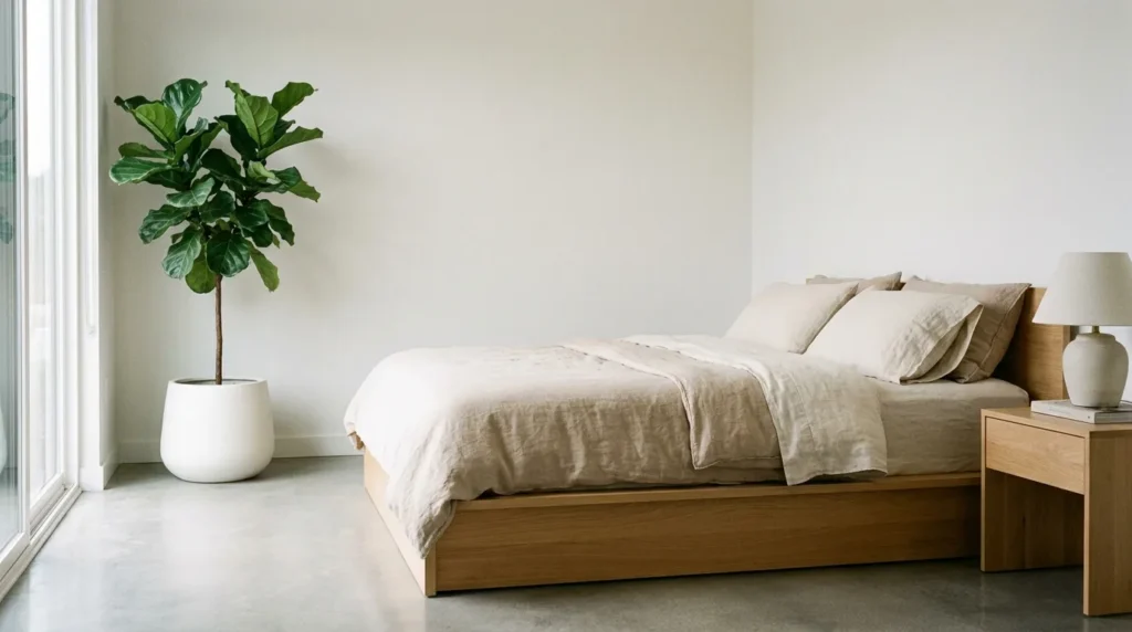 Soft neutral minimalist bedroom with cream walls, beige bedding, light wood furniture, and natural textures