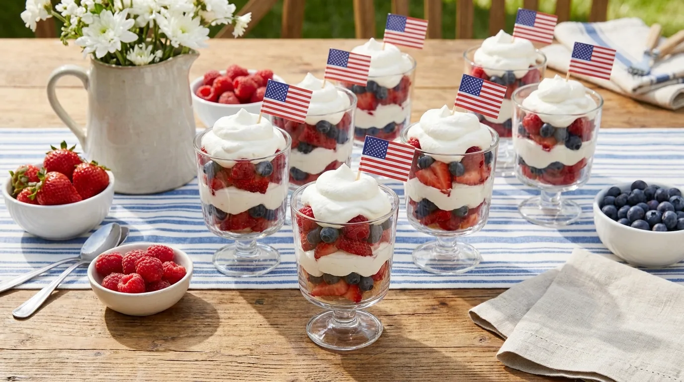 Red, white, and blue fruit skewers arranged on a festive platter
