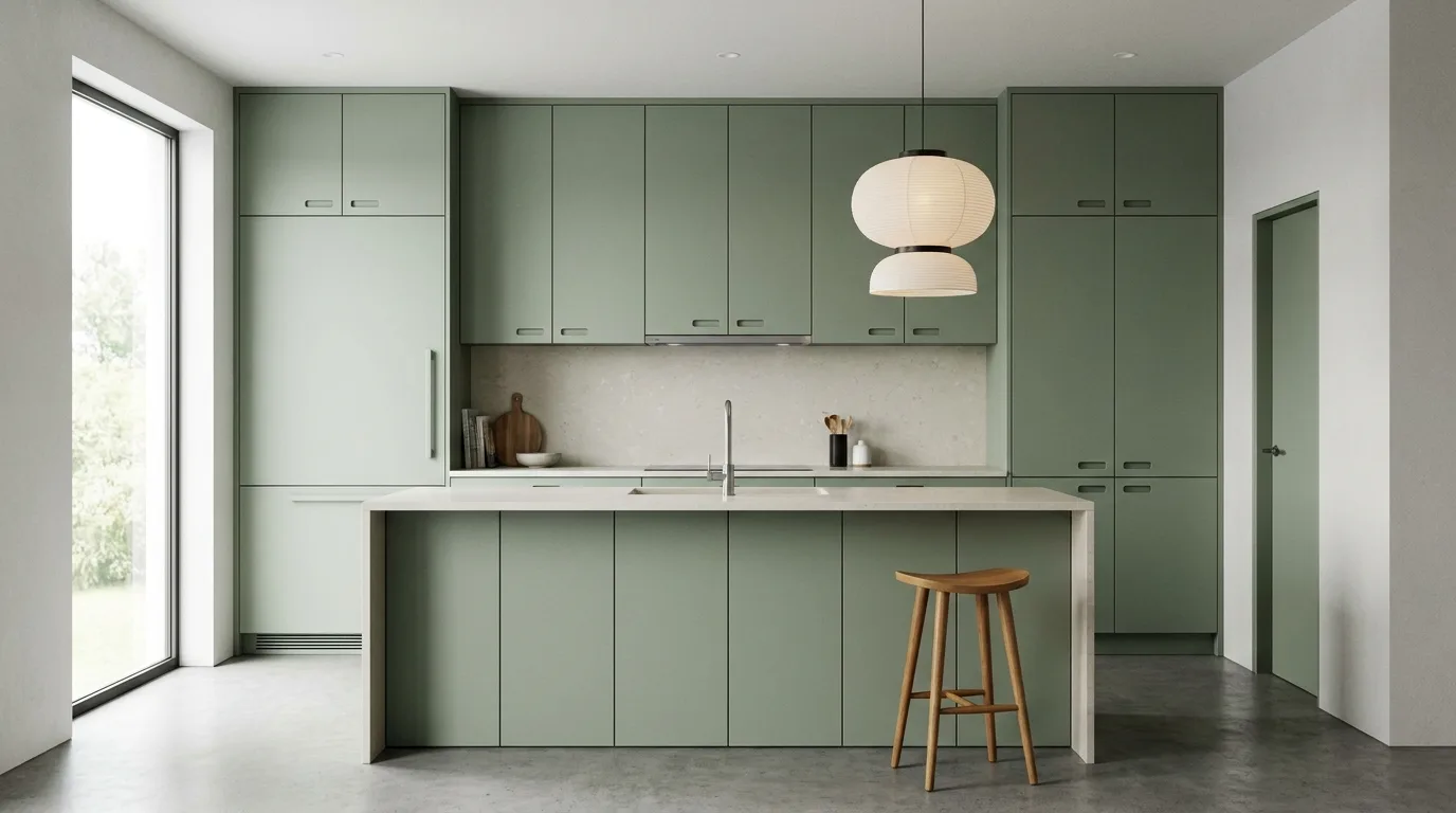Classic sage green Shaker kitchen with warm white walls, brass hardware, and natural wood flooring