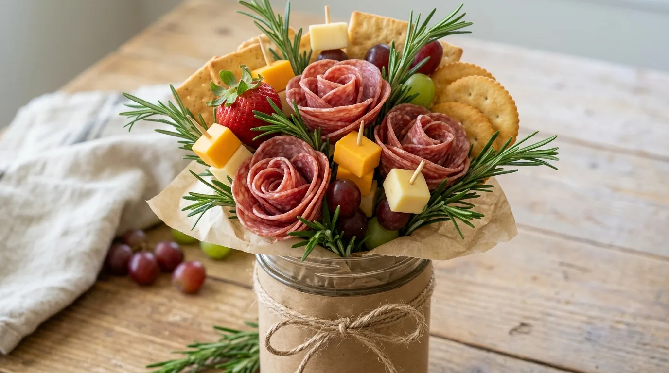 Romantic red and pink charcuterie bouquet with salami roses and heart-shaped cheese