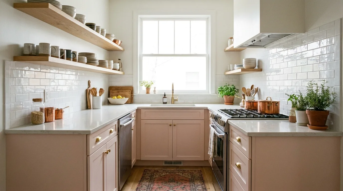Dusty rose pink kitchen island surrounded by white cabinets