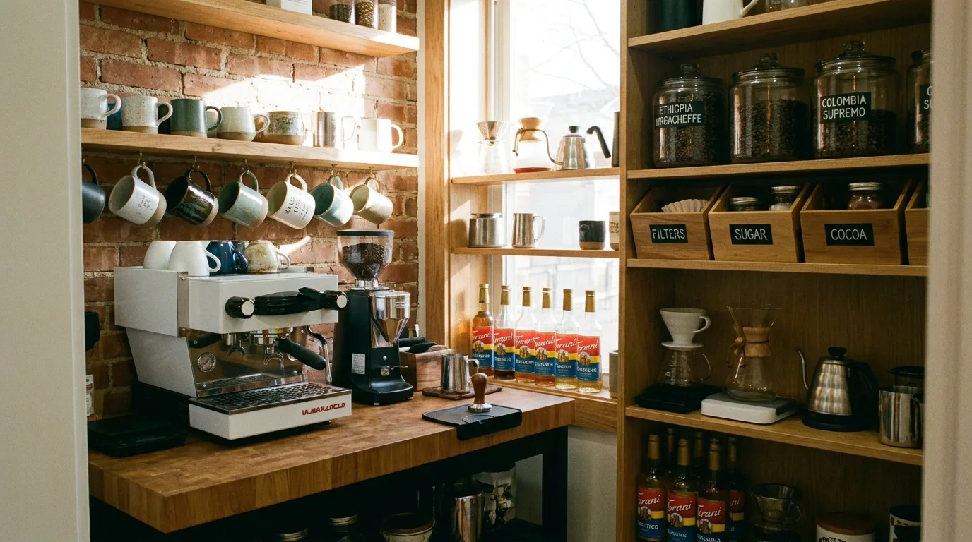 Rolling bar cart used as a stylish home coffee station with organized brewing supplies