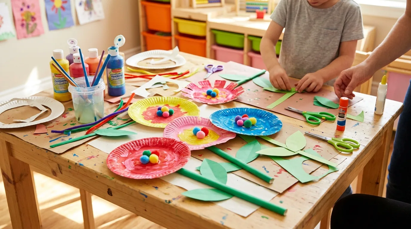 Paper strip rainbow craft with cotton clouds