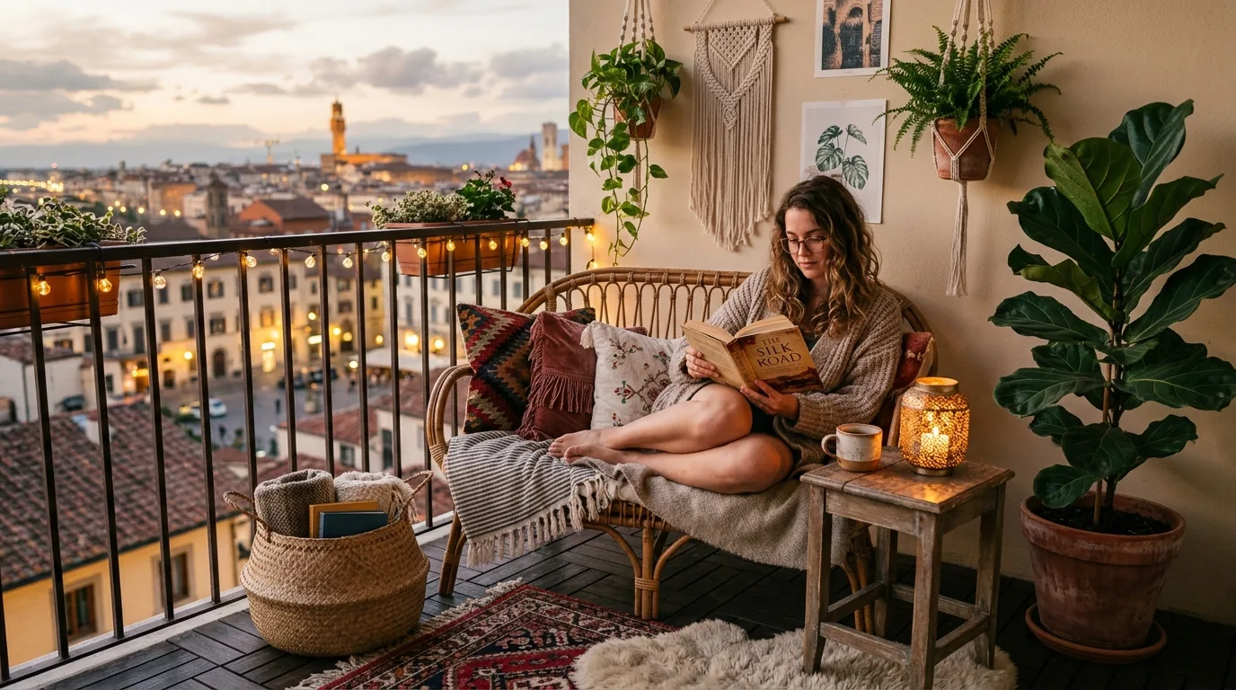 Rattan seating corner with plants and cozy boho balcony accents