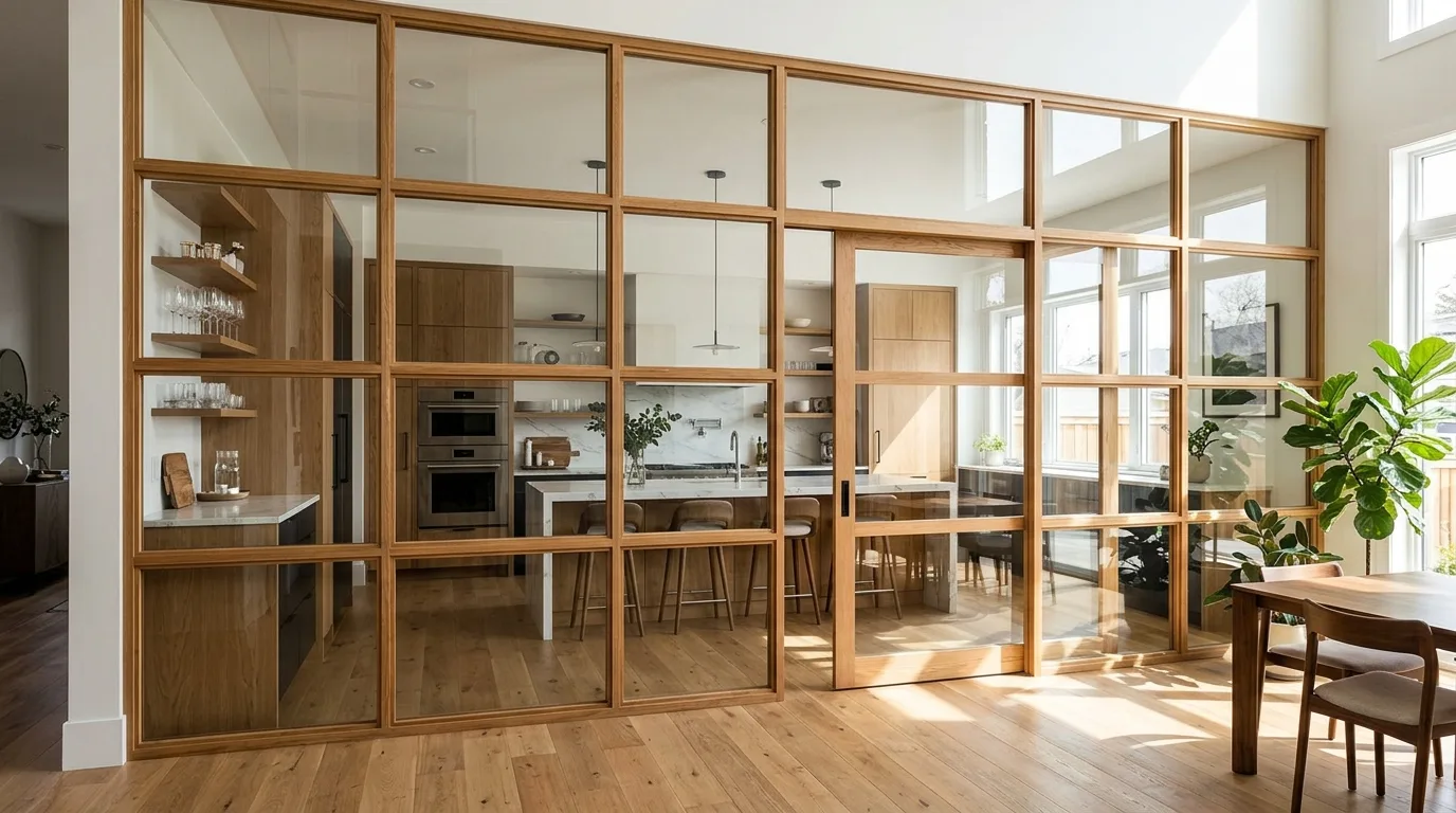 Warm kitchen with a vertical wood slat divider