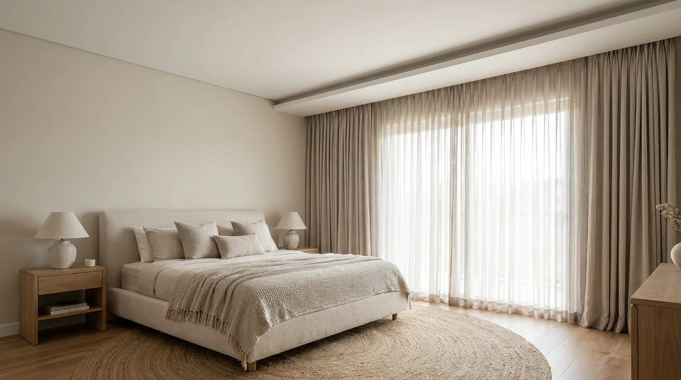 Minimalist bedroom with a shallow rectangular POP tray ceiling