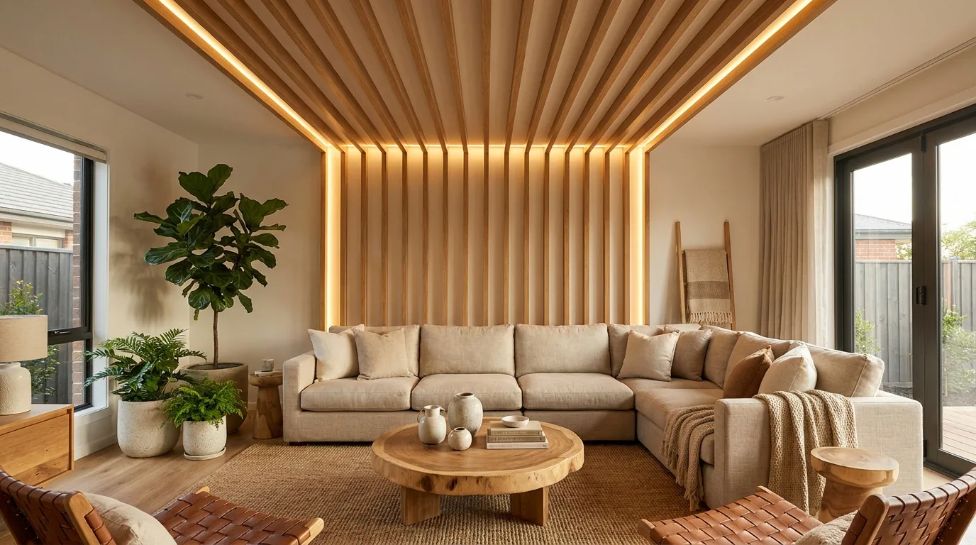 Modern tray false ceiling with warm LED lighting in a contemporary living room