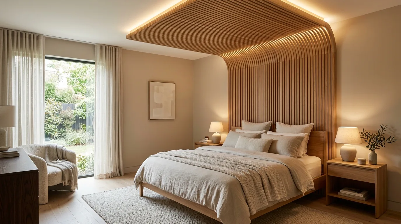 Modern wooden grid false ceiling with geometric sections and lighting