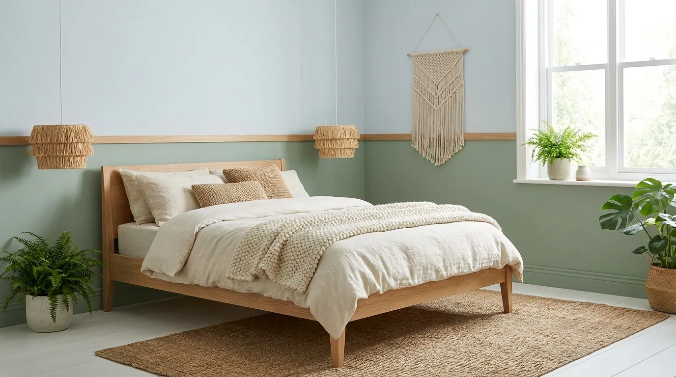 Serene bedroom with sky blue and soft beige walls, natural wood furniture, and linen bedding.