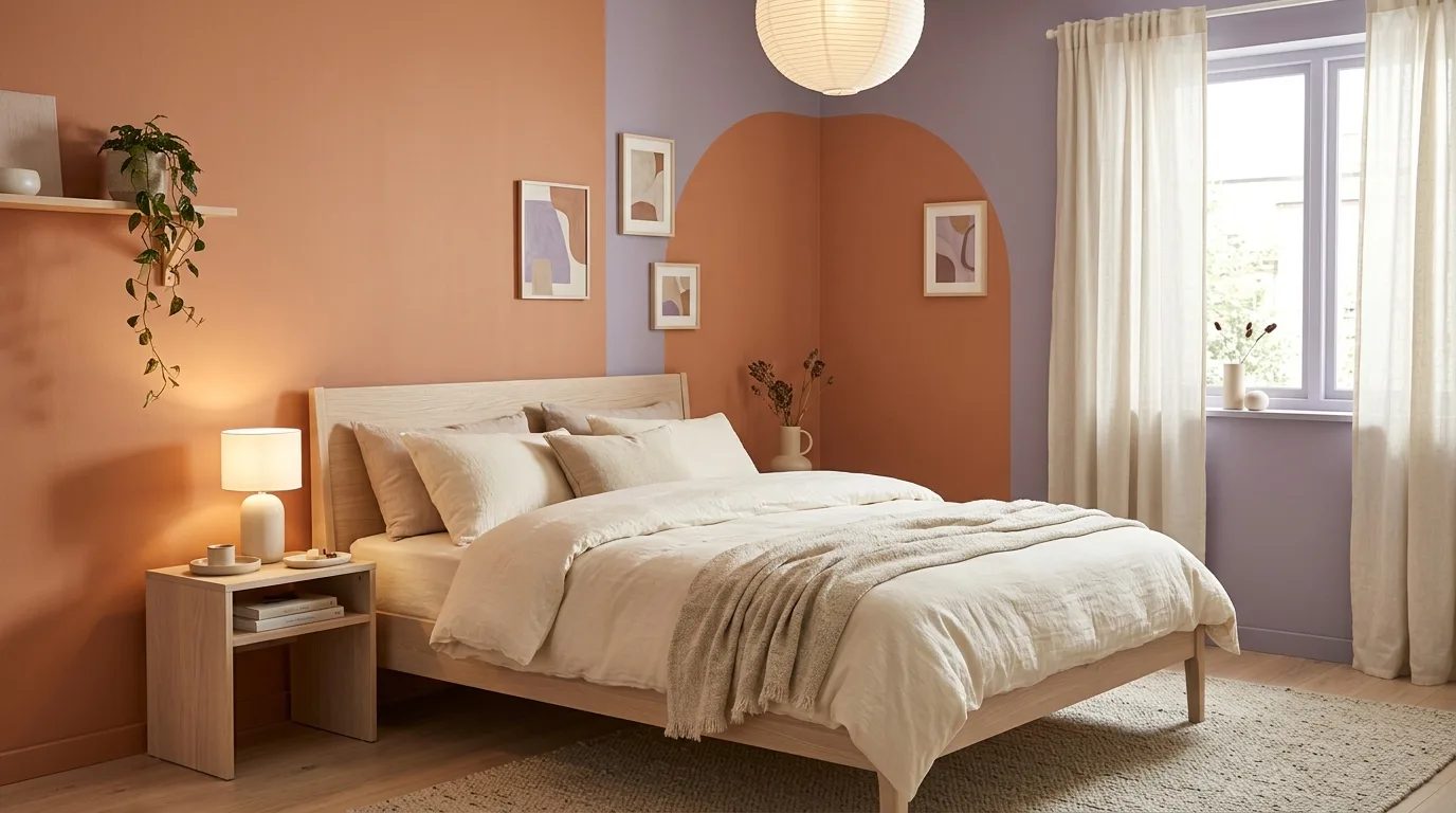Fresh modern bedroom with orange accent wall and crisp white walls