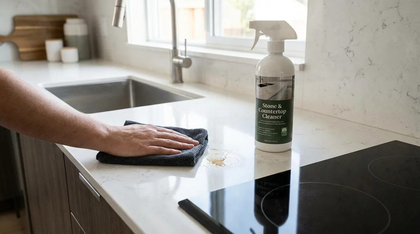Blotting fresh grease from a kitchen countertop