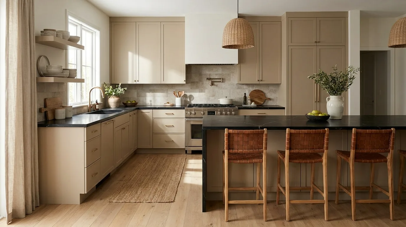 Modern kitchen with a dramatic black quartz island