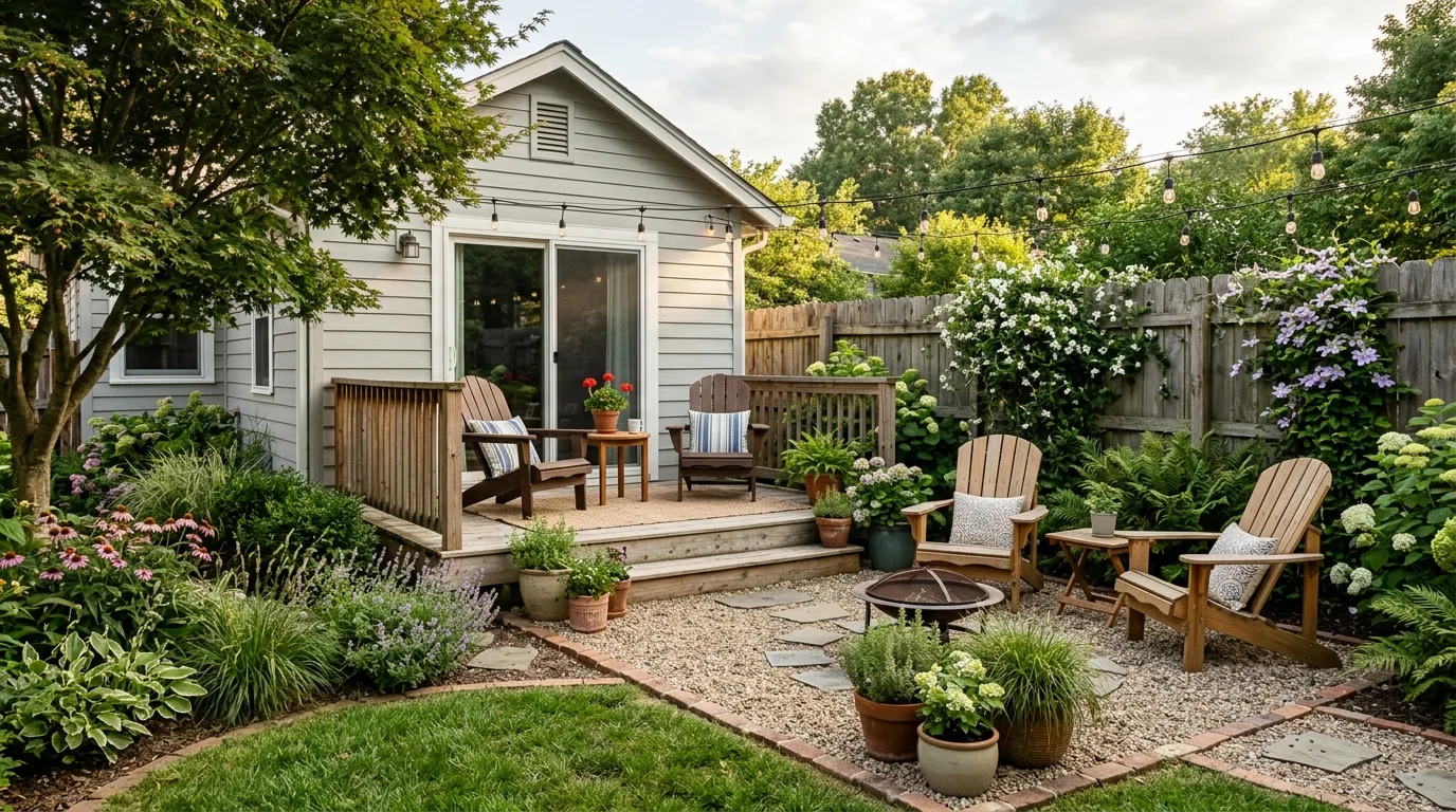 Pressure-treated wood deck with warm stain and affordable outdoor furniture
