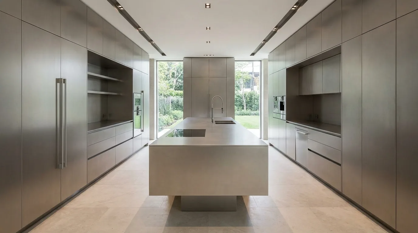 Bright kitchen with white aluminium cabinets and warm wood accents