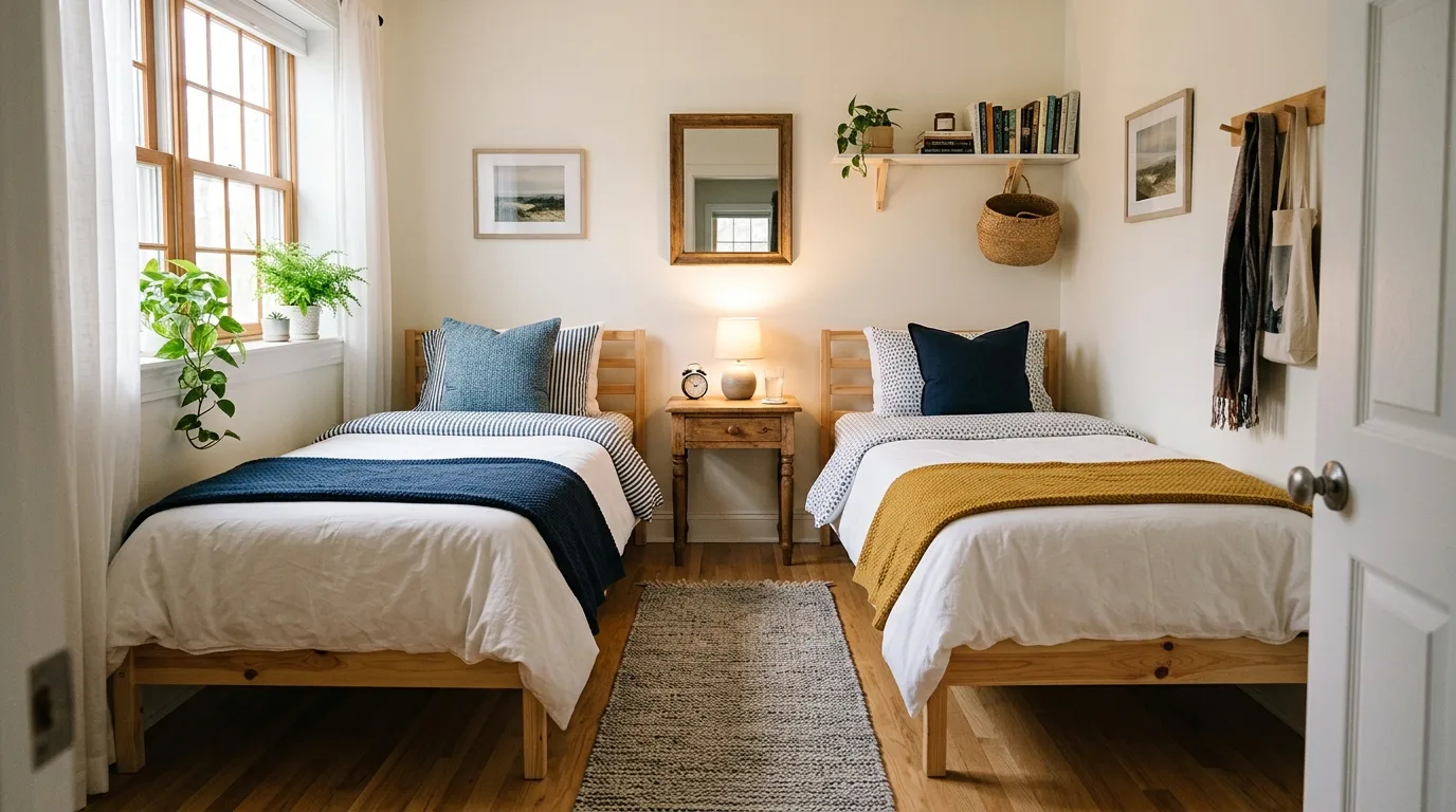 Compact bedroom with two twin beds in a practical L-shaped layout