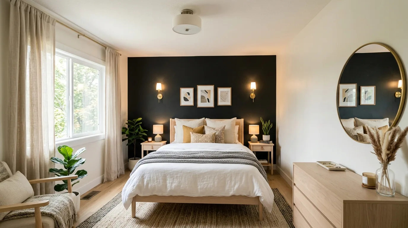 Cozy bedroom with a black accent wall behind the bed