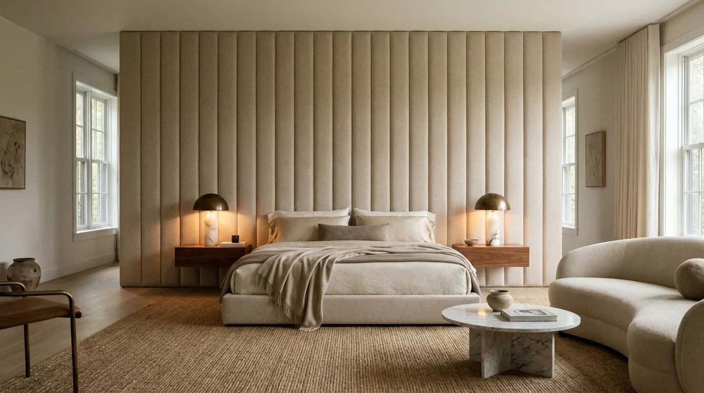 Modern bedroom with a large decorative mirror reflecting natural light