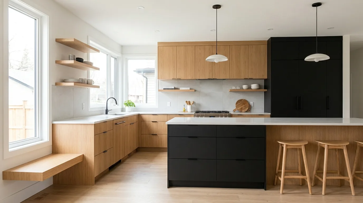 Navy blue kitchen island with white cabinets and brass accents