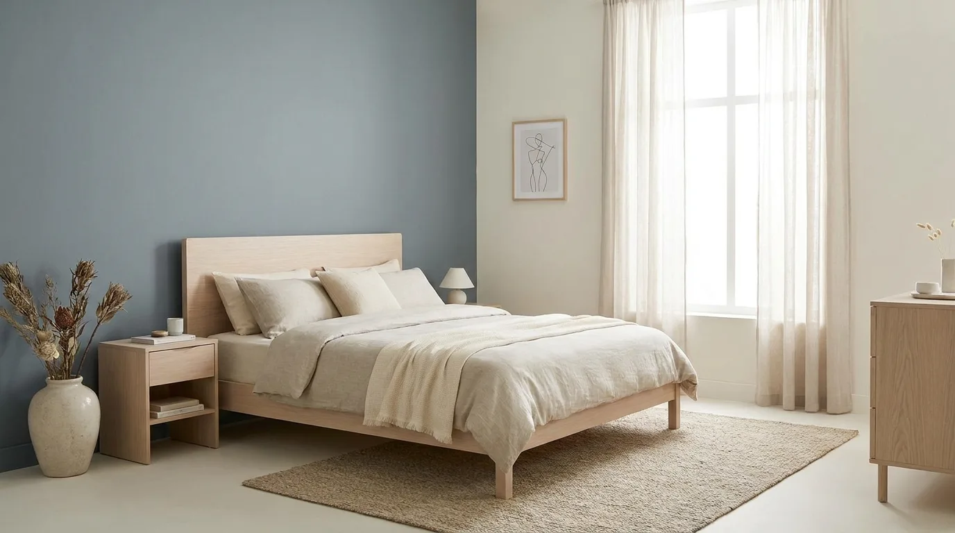 Sky blue and soft beige bedroom walls with light wood furniture