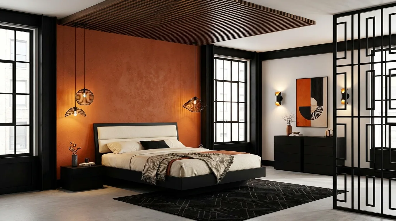 Modern orange and white bedroom with a bright feature wall
