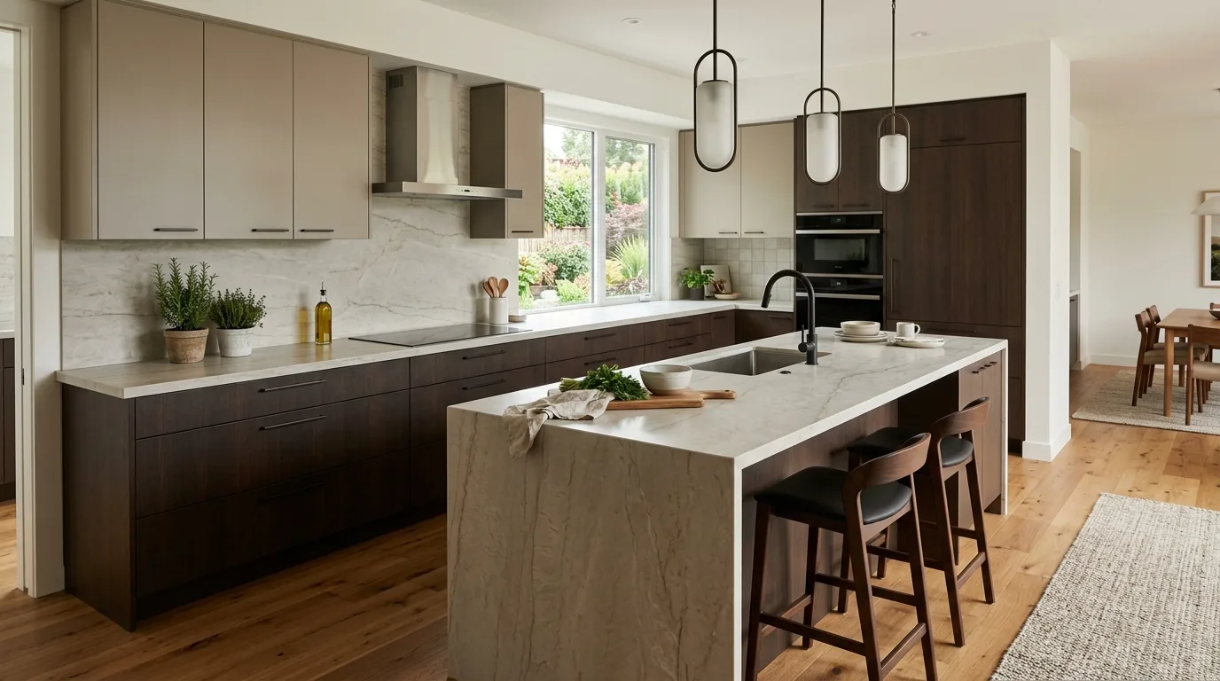Matte black and warm beige two-color kitchen laminate combination
