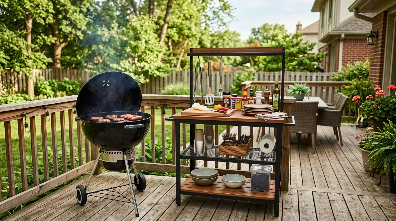 Painted backyard deck with contrasting railings and simple decor