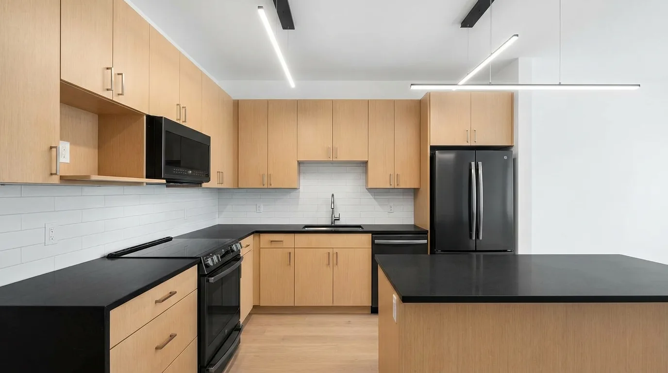 Dramatic black-on-black modern kitchen with quartz countertops