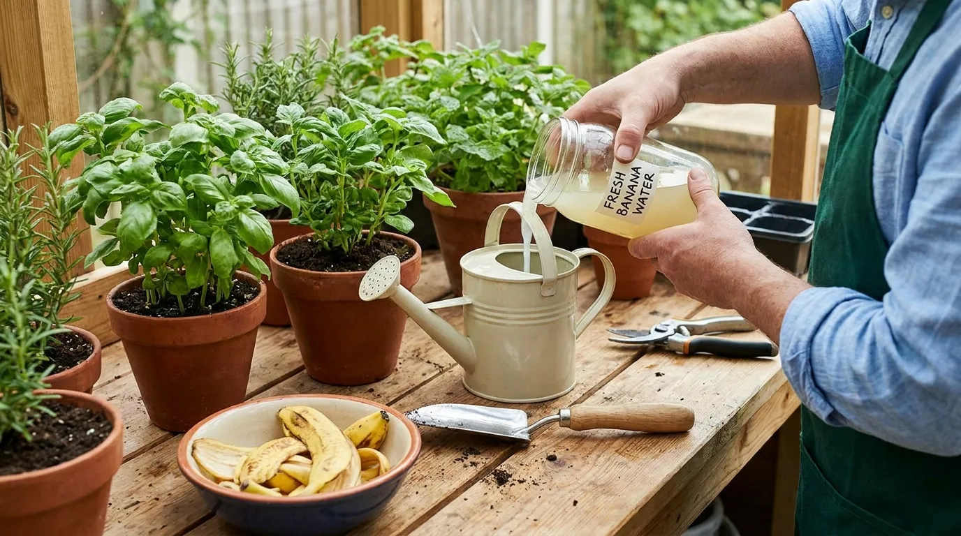 Banana water being applied around a flowering plant