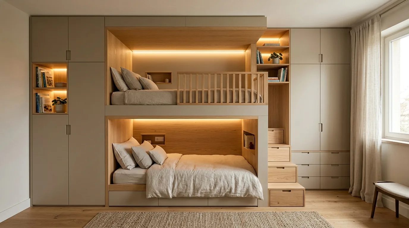 Small bedroom with two beds arranged in an efficient L-shaped layout