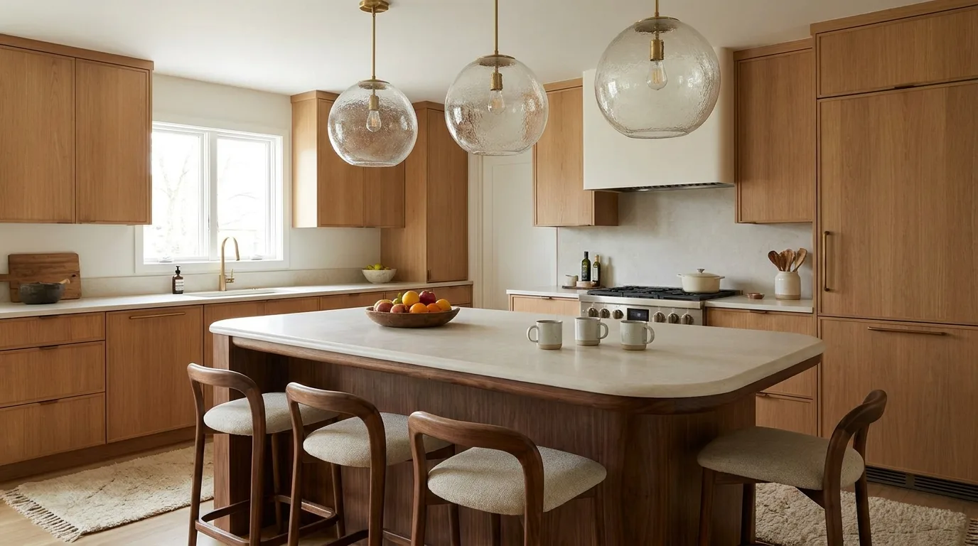 Elegant kitchen with a marble-effect slab and soft gray veining