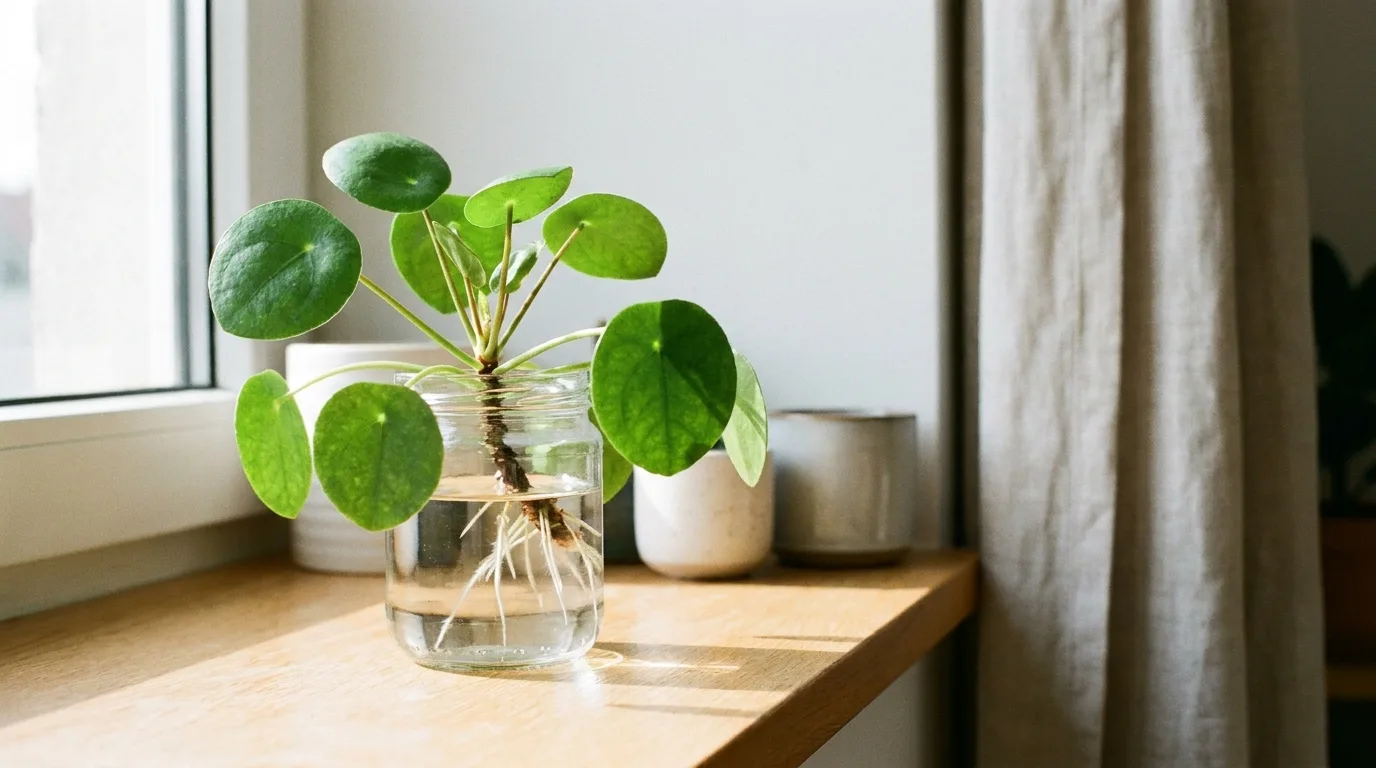 Golden pothos cuttings growing roots in a glass jar of water