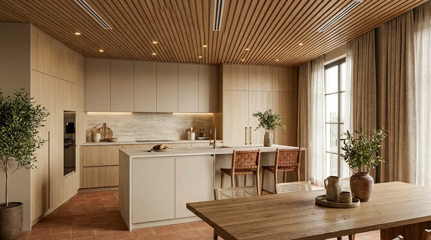 Contemporary kitchen with warm cove lighting in a false ceiling