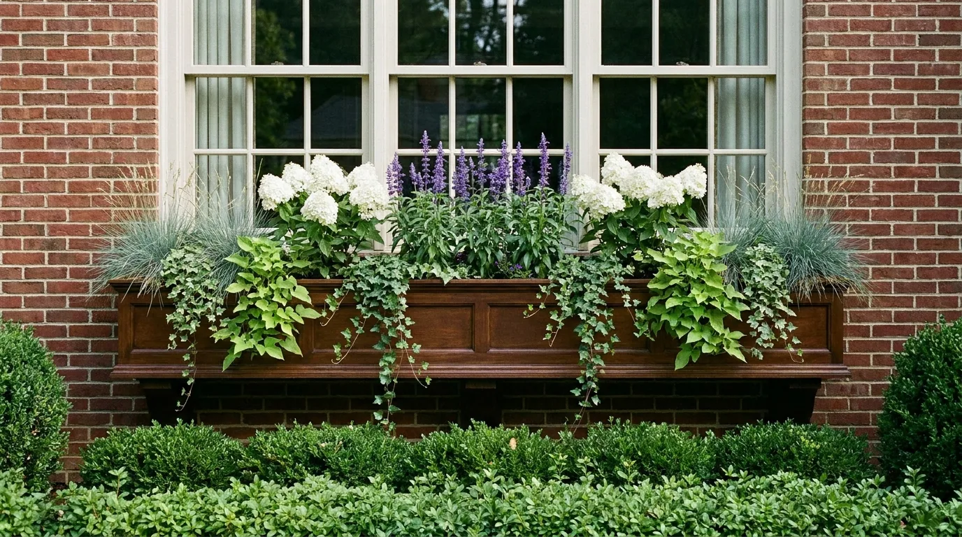 Colorful petunias cascading from a window flower box