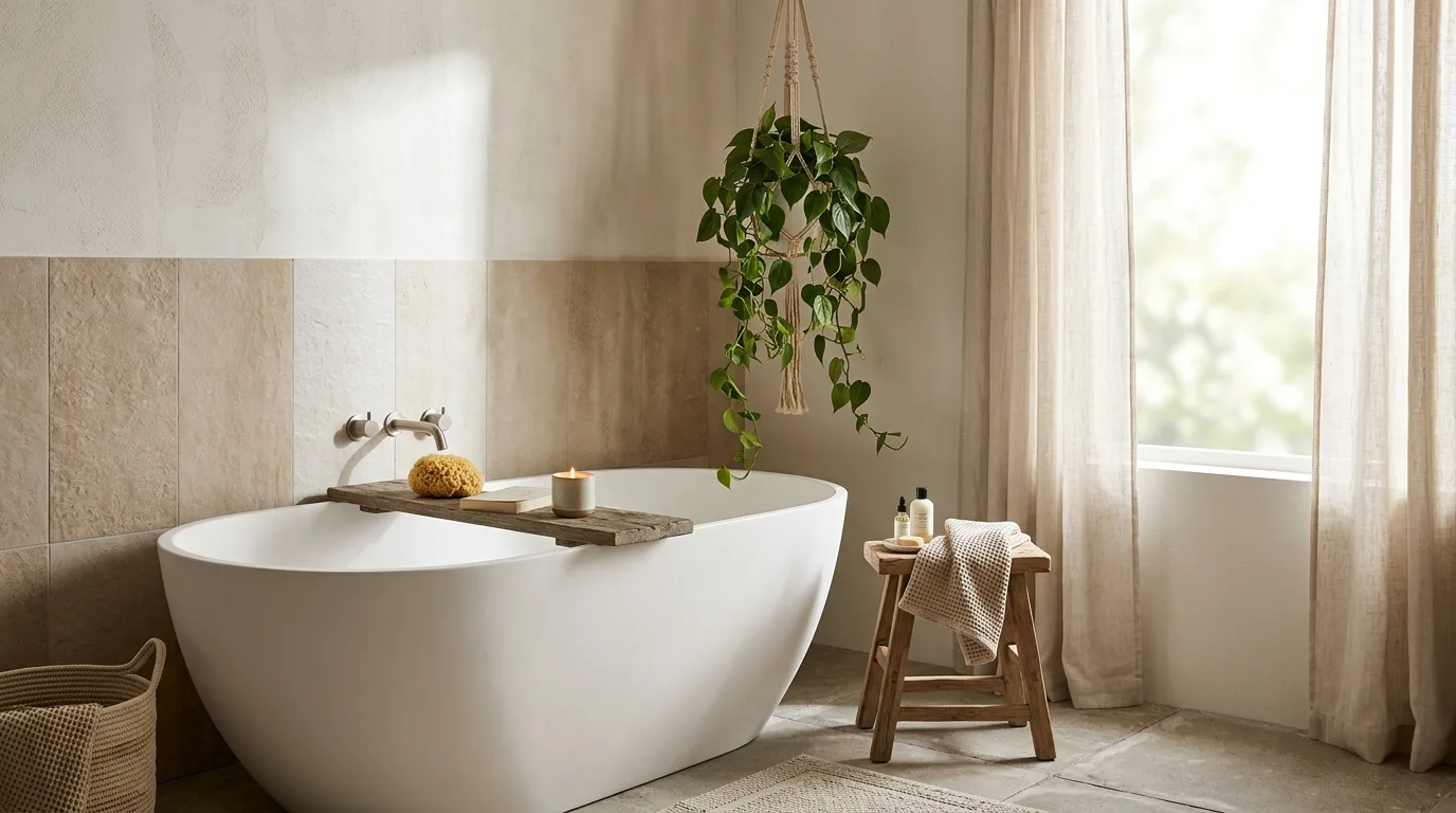 Trailing pothos plant cascading from an open bathroom shelf