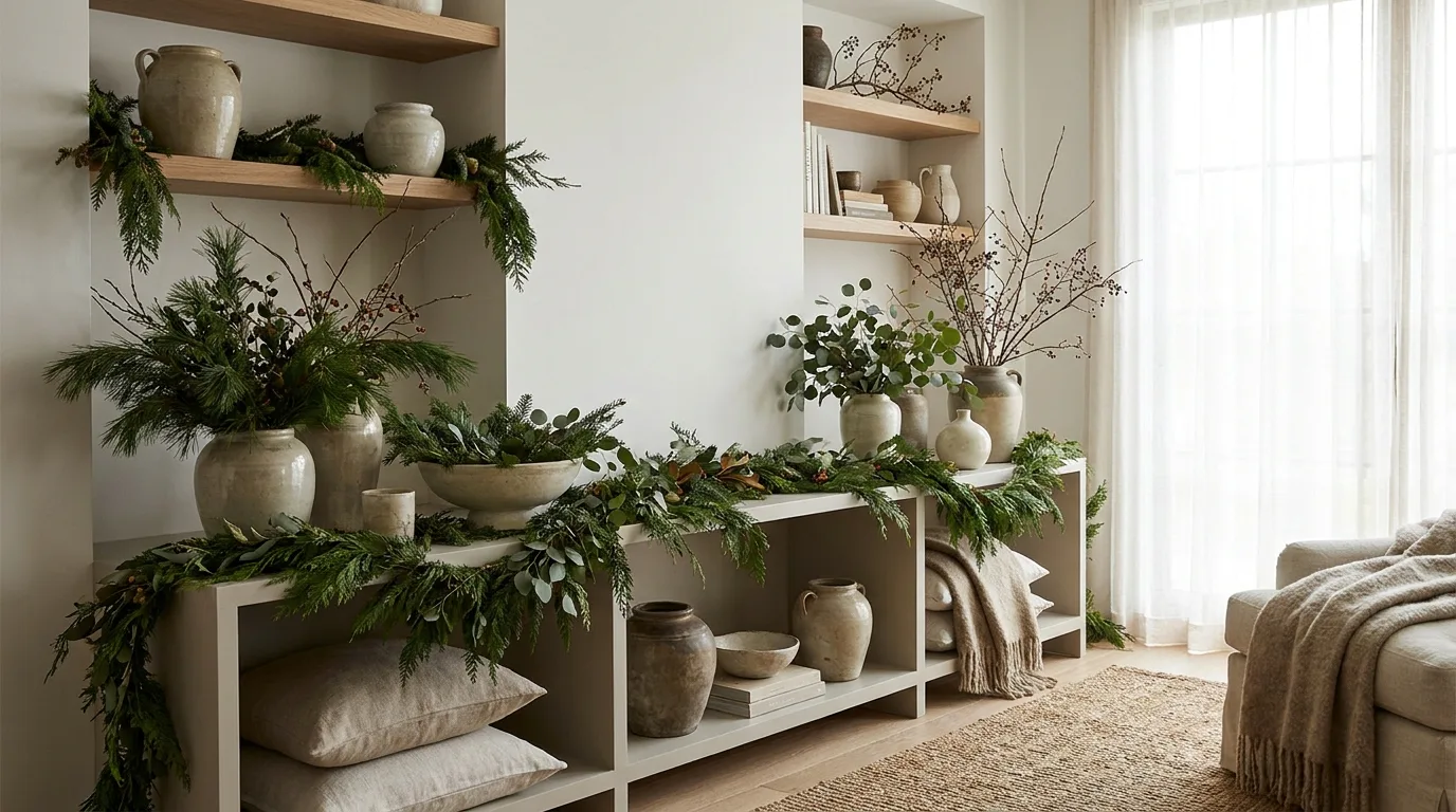 Modern Christmas decor featuring natural greenery, pine branches, eucalyptus, and neutral ceramics