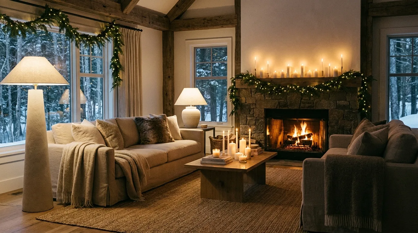 Warm layered lighting creating a cozy winter living room atmosphere