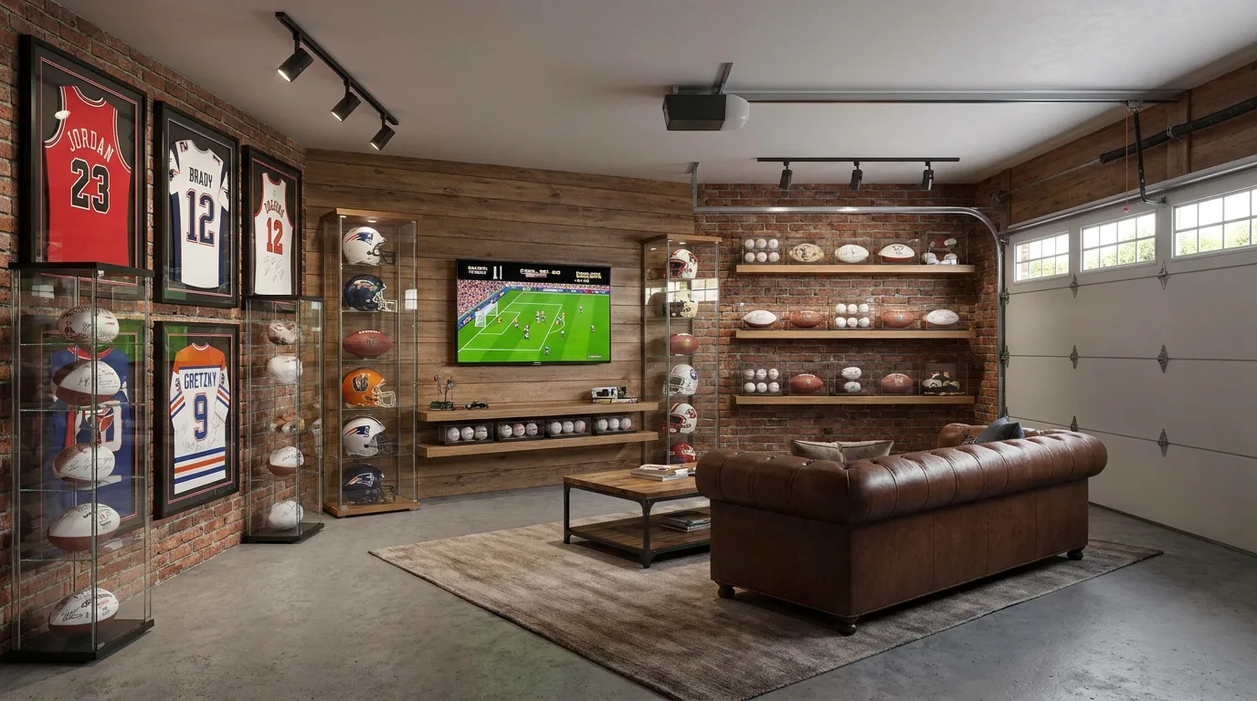 Industrial garage man cave with concrete, reclaimed wood, metal shelving, and leather seating