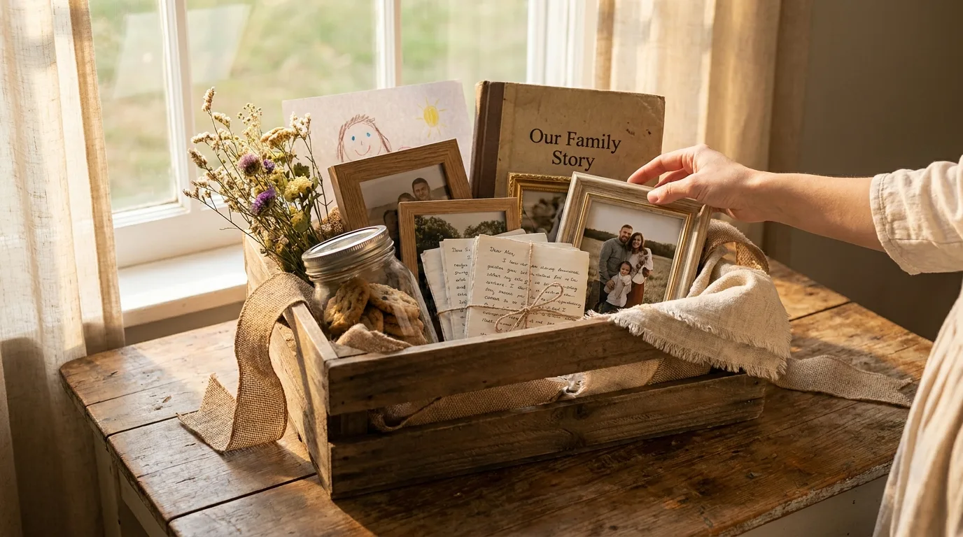 Coffee lover Mother’s Day gift basket with mug, coffee, biscotti, chocolate, and syrup