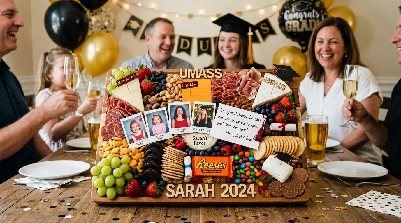 School-color graduation charcuterie board with coordinated fruit, cheese, candy, crackers, and decorations