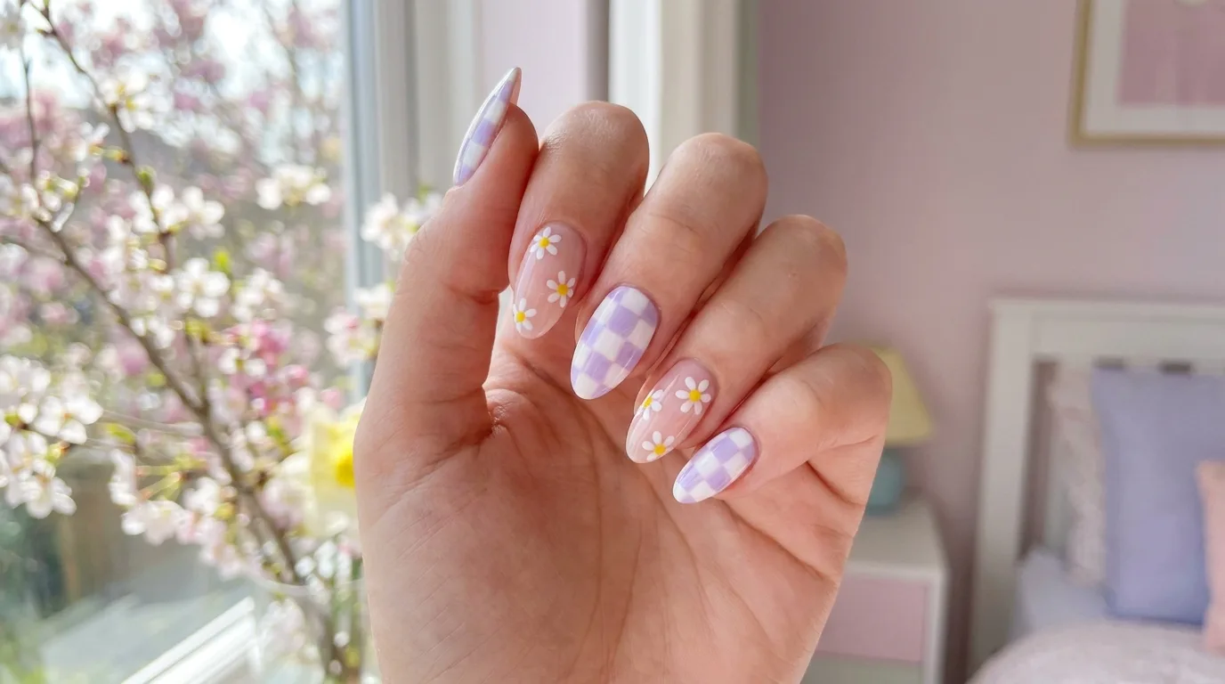 Pastel wildflower nail art with tiny colorful spring blooms