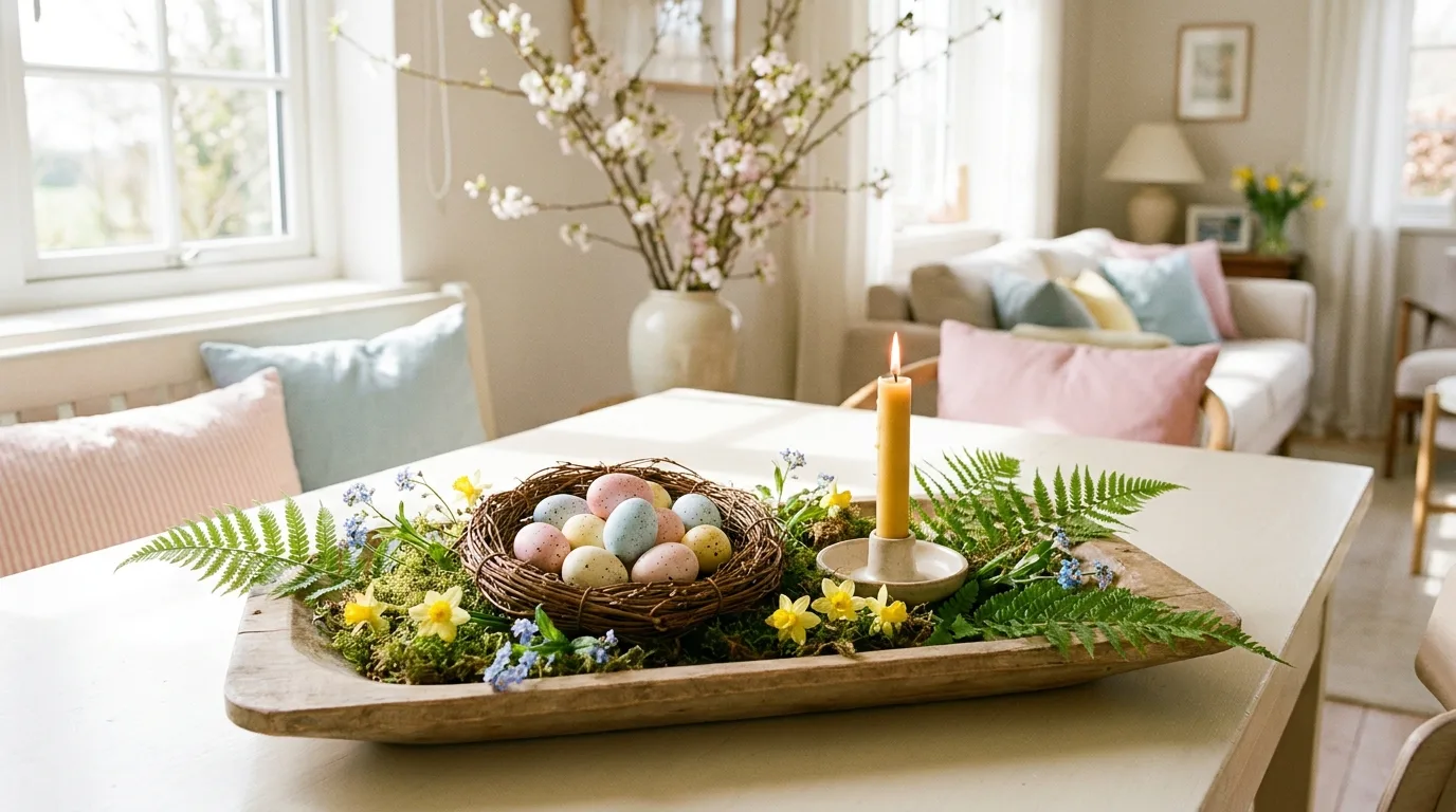 Pastel spring coffee table tray with flowers, candle, and seasonal accents
