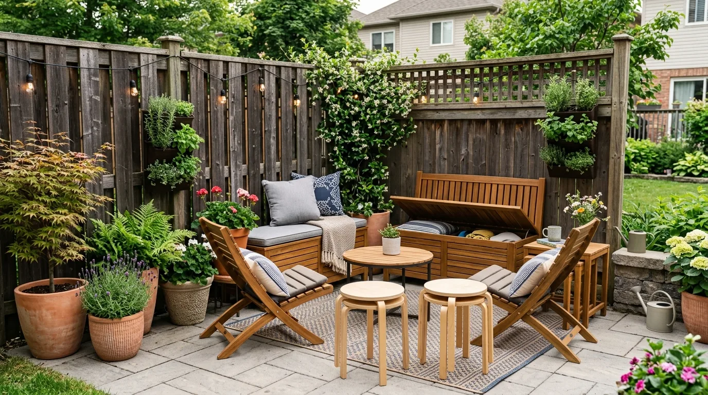 Small patio with built-in bench seating, cushions, storage, coffee table, and greenery