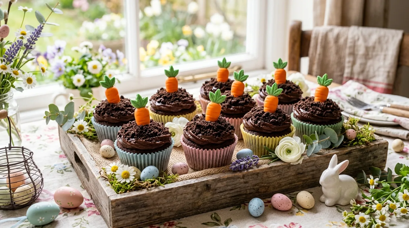 Mini Easter cheesecakes topped with berries and pastel decorations